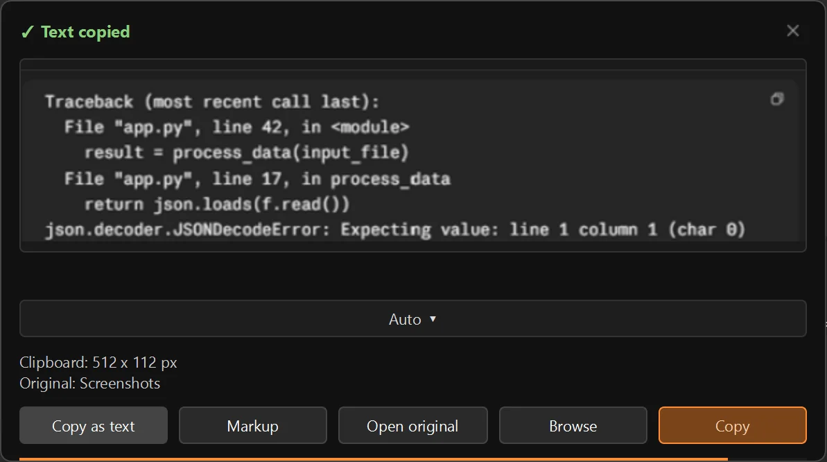 TileSnap preview window showing recognized text after clicking Copy as text, with a Text copied confirmation