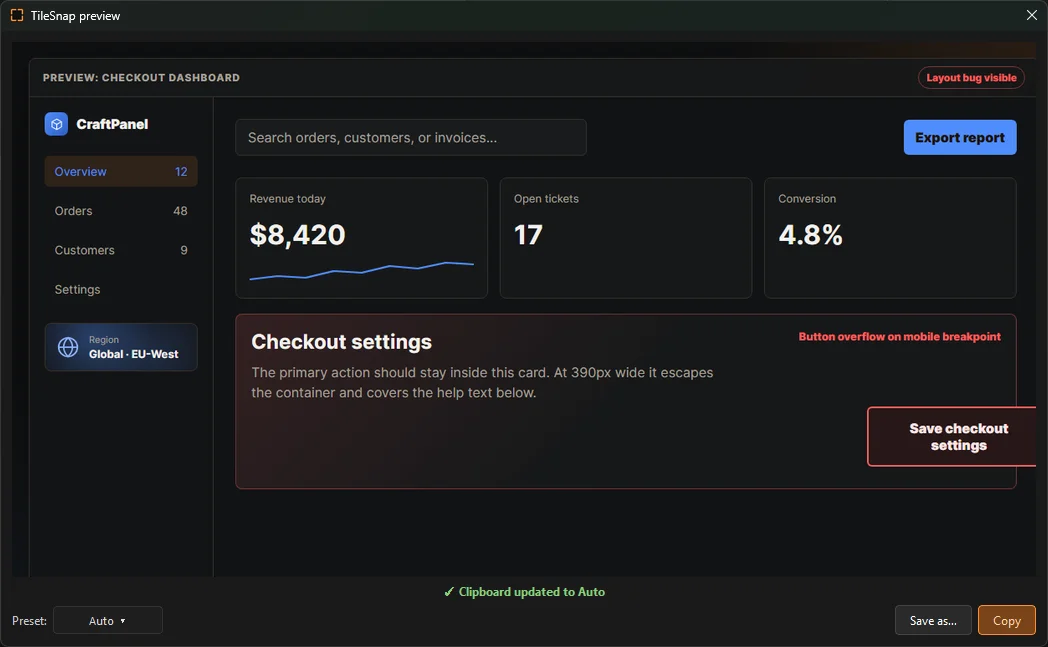 TileSnap preview window showing a captured dashboard bug screenshot, with a preset picker, Save as, and Copy buttons