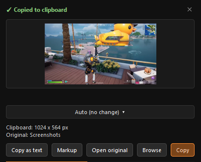 TileSnap post-capture panel with preset dropdown and Copy as text, Markup, Open original, Browse, Copy buttons