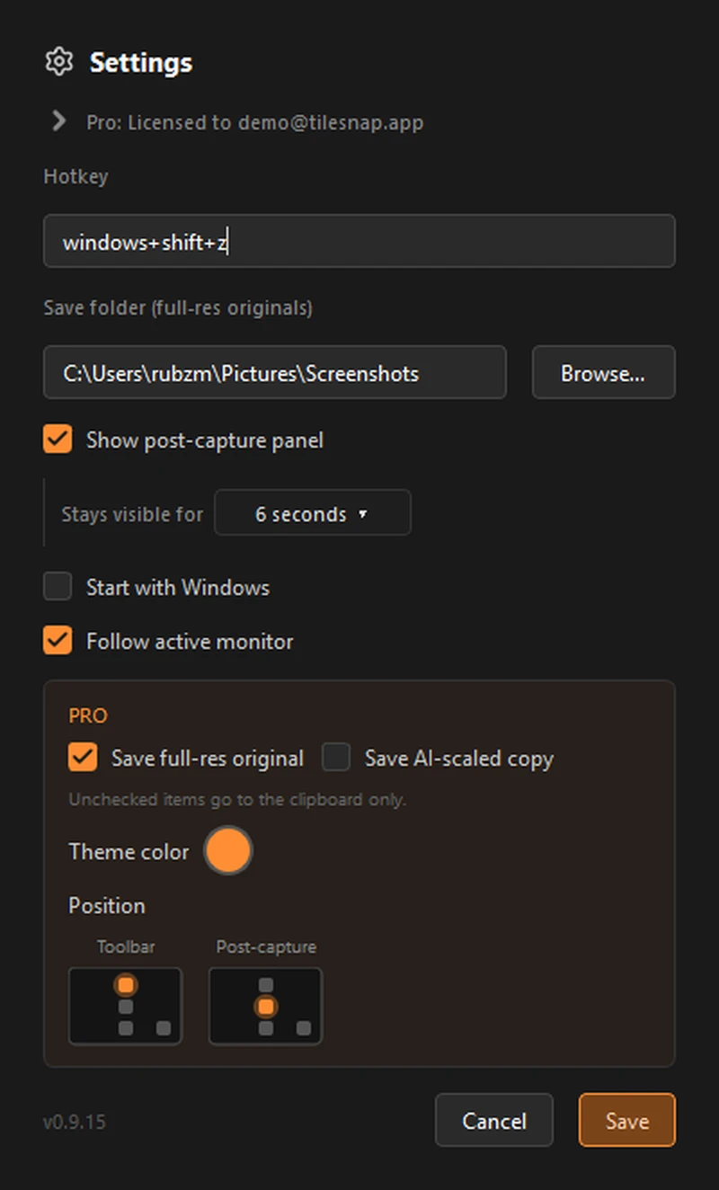 TileSnap Settings dialog showing a Pro license key entered and the resulting Pro status line