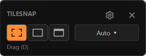 TileSnap capture toolbar showing the Drag, Fullscreen, and Window mode icons, with the "Drag (D)" tooltip visible, plus the preset picker